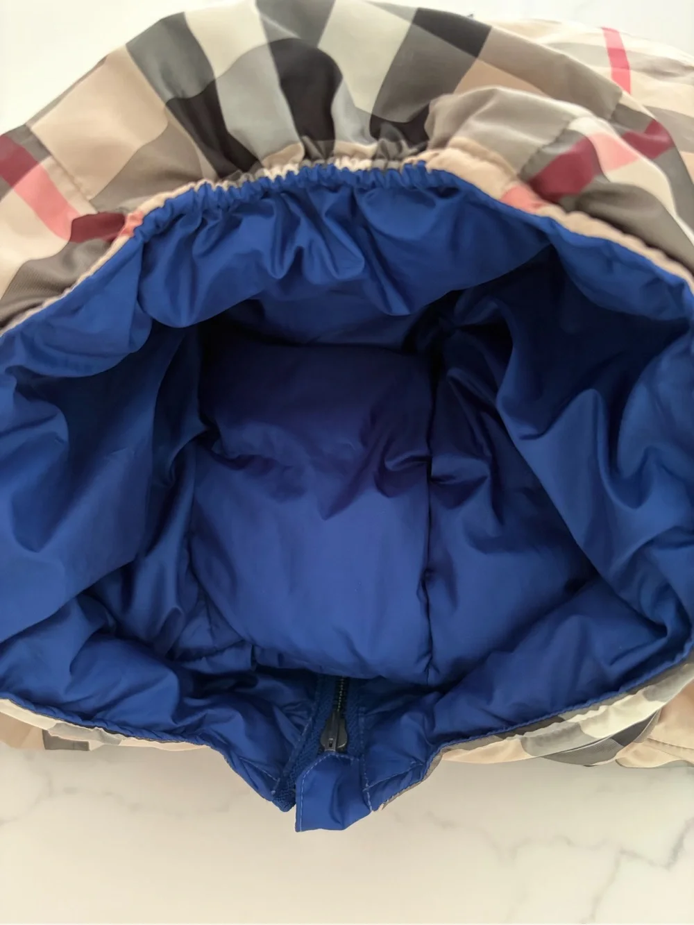 Burberry 9-12 mo Classic Baby Down Puffer Beige & black/blue Reversible Like New
